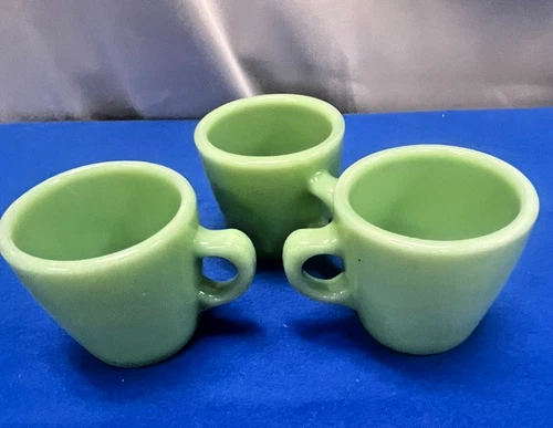 3 FIRE KING JADEITE Oven Ware RESTAURANT C-HANDLE MUGS - 3”  DS43