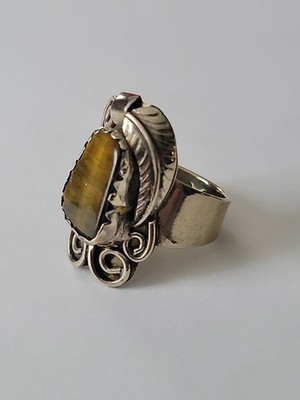 Vintage Mens Southwestern Ornate Tiger Eye Silver Tone Ring Size 13.25