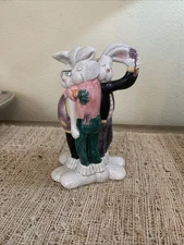 Darling VTG Fitz & Floyd Hand Painted Sock Hoppers 1994 Sm Pitcher/ Vase Bunnies