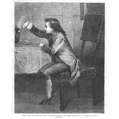 JAMES WATT Seine erste Idee von Dampf von Marcus Stone - antiker Druck 1867