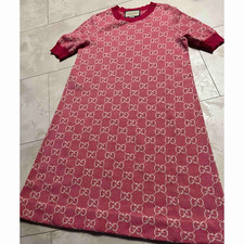 GUCCI Knit Sweater Dress Cotton GG Logo Jacquard Rib Pink Whie Size M Used Japan