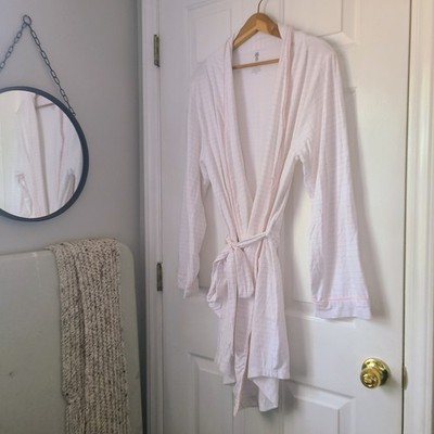 Cariloha Bamboo Sleep Jersey Striped Robe Sz L XL White Coral Relaxed Comfort 