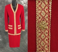BEAUTIFUL st john evening knit red gold rhinestone embellished skirt suit 4 6