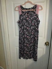 Rene Rofe Black w Pink Floral Nightgown Pink Lace Soft Knit Tank Chemise -Med