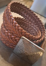 Ladies One World Braided Leather Belt Brown Silver Buckle Cowgirl BOHO Concho L