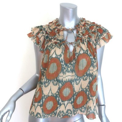 Ulla Johnson Cora Ruffled Top Beige/Multi Lurex Printed Silk Chiffon Size 0