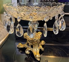 Vintage Cut Crystal Centerpiece Gilt Base & Crystal Prisms Hollywood Regency