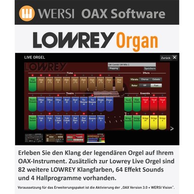 Lowrey Klang OAX V3.0, WERSI Vision Orgel Software, 82 Klangfarben, 64 Effekte