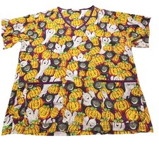 UA Scrubs Halloween Scrub Top Women Pumpkin Ghost Cat Purple V-Neck