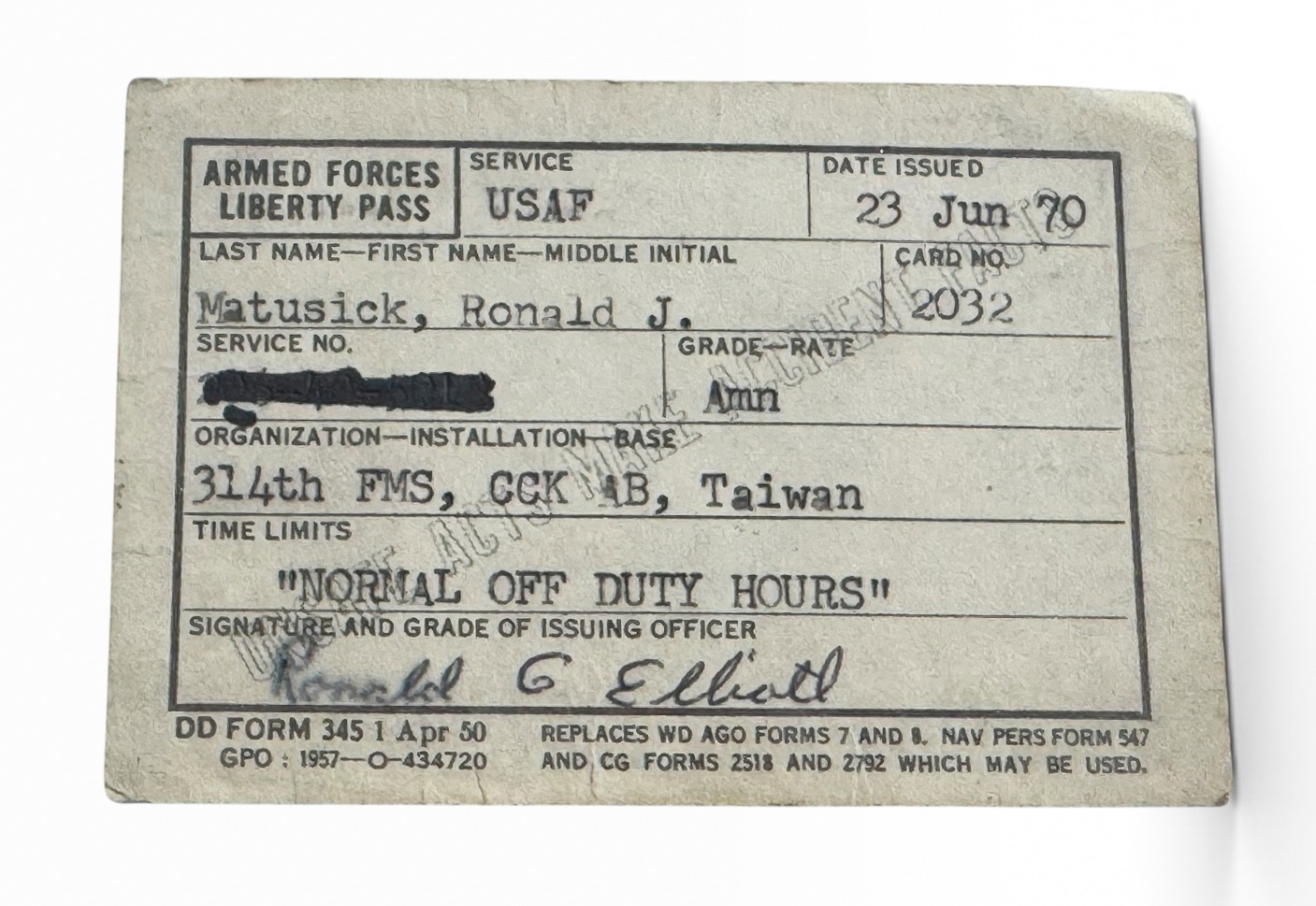 1970 USAF Liberty Pass 314th FMS CCK Air Base Taiwan Vietnam War