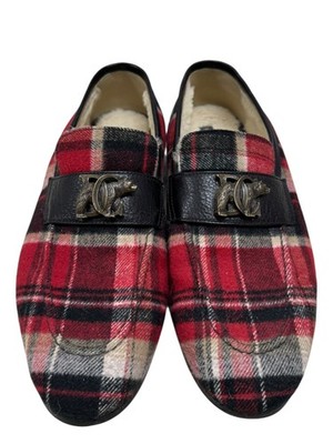 Size 10 Dsqaured2 Red Wool Tartan Plaid Bear Fur lined Mens Loafers 