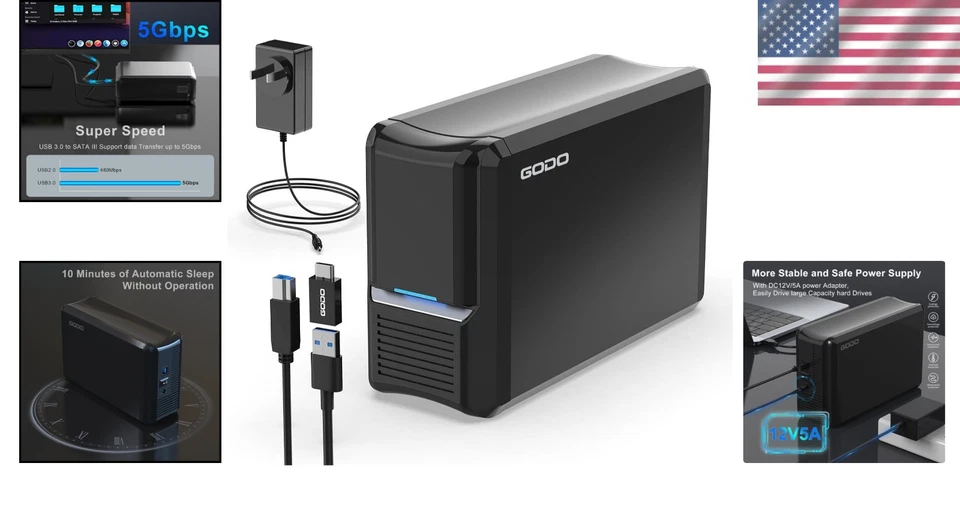 Dual Bay Hard Drive Enclosure, 3.5" SATA HDDs, RAID 0/1/JBOD - Image 2 of 4