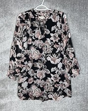 LOFT Dress Womens Size XS Black Pink Floral Lined Keyhole Long Sleeve