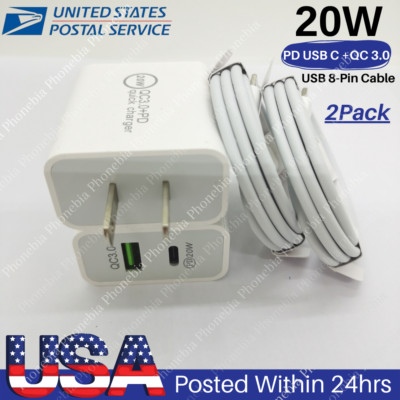 QC 3.0 20W PD Fast Wall Power Adapter USB Cable For iPhone X/11/12/13/14 Charger
