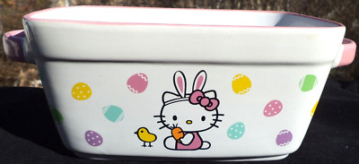 HELLO KITTY Sanrio Easter Eggs Bunny CERAMIC Loaf Pan BAKEWARE 5 x 9 NEW