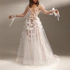 3D Appliques Tulle A Line Wedding Dresses Long Sleeves Illusion Bridal Gown -