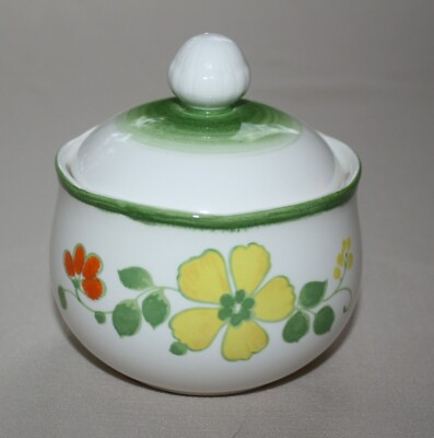 Vintage 70s Sugar Bowl Noritake Craftone Cheer Yellow Orange Flowers Green 8780