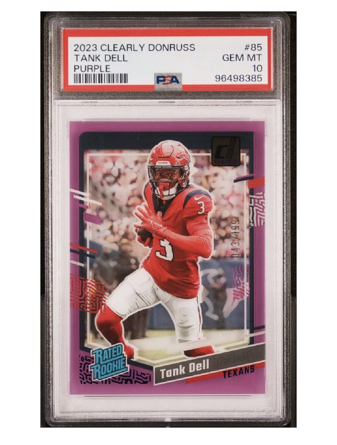 PSA 10 🔥 2023 PANINI CLEARLY DONRUSS TANK DELL RC PURPLE /199 🔥 #85 TEXANS
