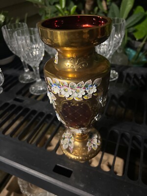 Gorgeous Large Bohemian  Gilded 24K Czech Enamel Hand Cut Pink Crystal Vase  10 