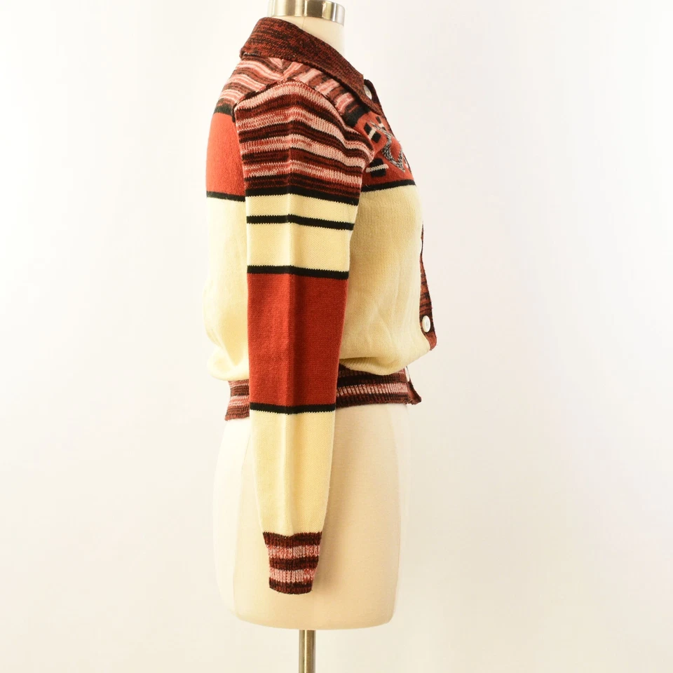 Cárdigan recortado tejido geométrico años 70 naranja quemado negro y marfil para mujer S Foto 2 de 4