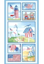 Blank Quilting - Patriotic Lighthouse Quilting Fabric Panel With American Flag