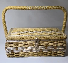 Vintage Dritz Woven Wicker Sewing Basket w/ Yellow Satin Interior Made in Japan
