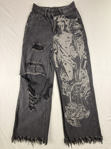 Romwe Wide Leg Graphic Jeans Womens Black Angel Rose Distressed Grunge Alt