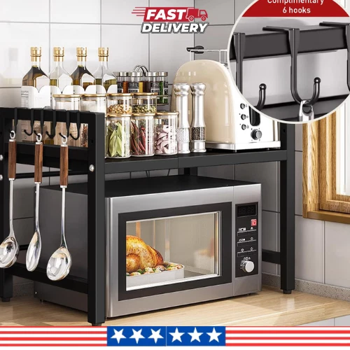 Expandable Microwave Shelf Rack – Rustproof Kitchen Counter Organizer