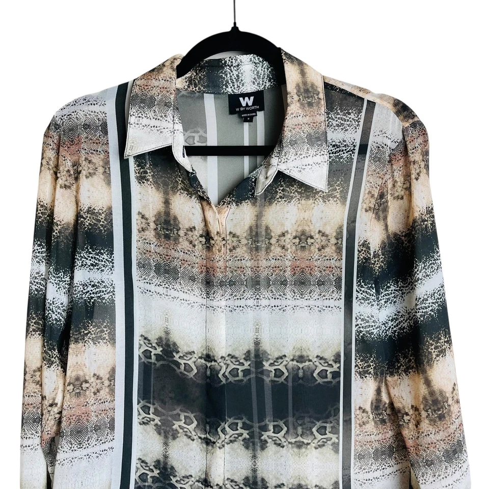 W by Worth 衬衫女式小号棕色黑色蛇纹印花透明长袖衬衫 — 第 2/4 张图片