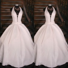 Vintage Wedding Dresses Halter Neck Beading White Ivory Satin Bridal Gowns
