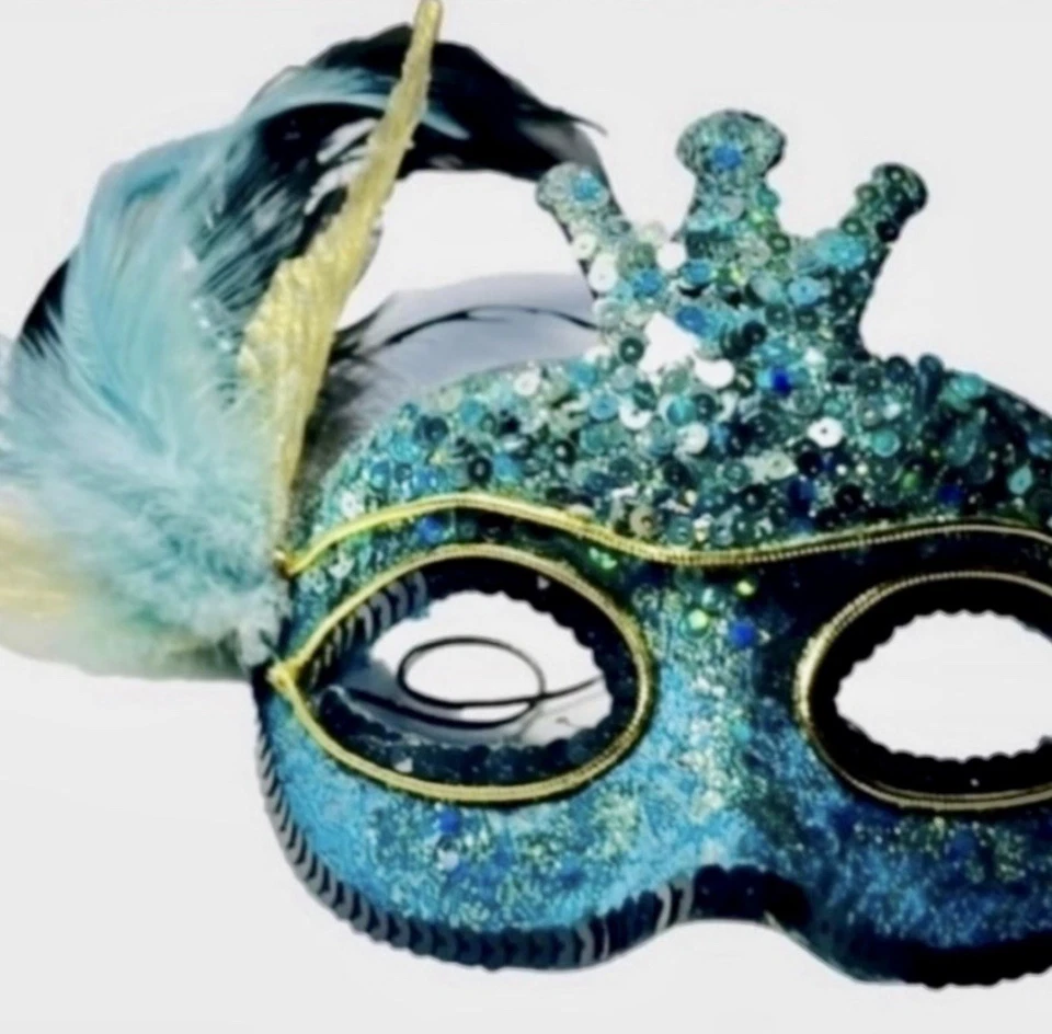 VINTAGE Mardi Gras Sequins & Feathers Masquerade Eye Mask [Turquoise Blue] - Image 3 of 4