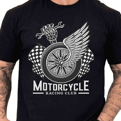 Motorrad Racing Club Rad Flügel Skelett Schraubenschlüssel karierte Flagge Grafik T-Shirt.