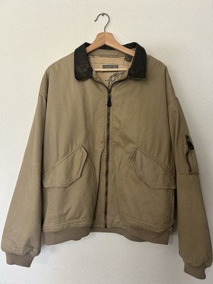 90s Lord & Taylor Mens Large Coat Bomber Jacket Leather Collar Chore Barn Tan