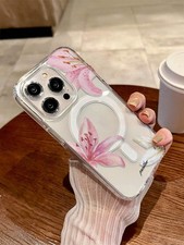 Image of Clear Pink Lily Magsafe Phone Case for iPhone 16 15 14 13 12 11 Pro Max Plus