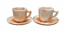 2 Vtg AKRO AGATE UV Orange  White SLAG GLASS DEMITASSE CUP  SAUCERS Glow