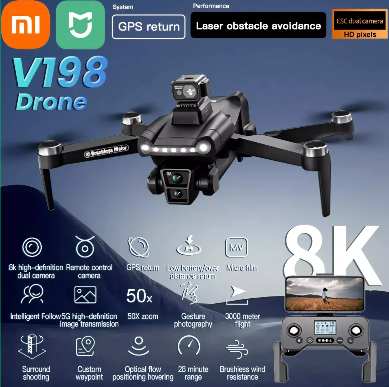 Drone 8K GPS Xiaomi Ata Jia V198 Pro quadrirotor pliable avec capteur d'obstacle laser noir