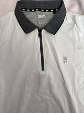 DKNY Men's White Polo Shirt with Dark Gray Collar Size L