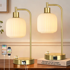 Set of 2 Industrial Table Lamps with USB Ports and Dimmable Cream Glass