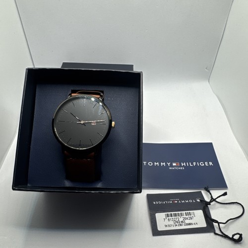 Tommy Hilfiger Men's James Watch Brown Leather Strap Black Dial 1791461 BNWT - Picture 1 of 12