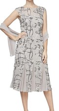 Alex Evenings Size 14 Dove Gray Tea-Length A-Line Sequin+Rosette Lace Detail