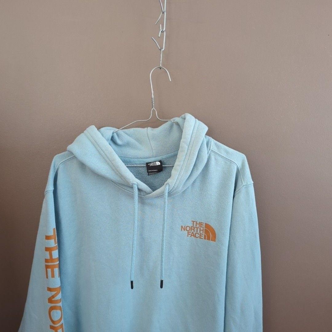 The North Face Hoodie Mens Medium Blue Pullover Fleece Sleeve Logo Sweatshirt image 2