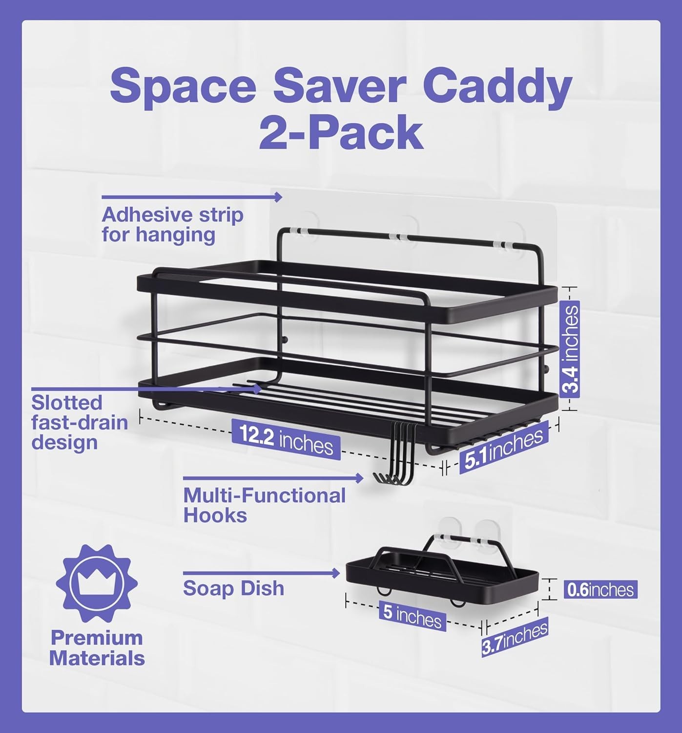 Bathroom Shower Organizer Stainless Steel No Drill Rustproof 4 Hooks Storage