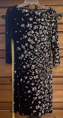 Chaps Black White Floral Ruched Knit Stretch Sheath Dress 3/4 Sleeve M