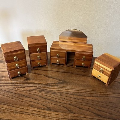 Miniature Vanity/Mirror & 3 Trinket Jewelry Boxes Pine Vintage Sample Doll Size