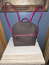 MICHAEL KORS Dallas MD SLIM BACKPACK MK Signature Brown & Fushcia NWT
