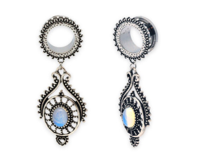 Pair of 316L Stainless Steel Plugs with Ornate Dangle tunnels dangling