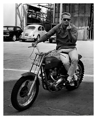 STEVE MCQUEEN FLIPPING THE BIRD ON MOTORCYCLE 8X10 B&W PHOTO