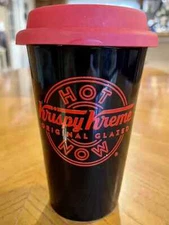 Krispy Kreme Doughnuts Black Travel Tumbler Red Logo, Letters & Lid Coffee Cup 