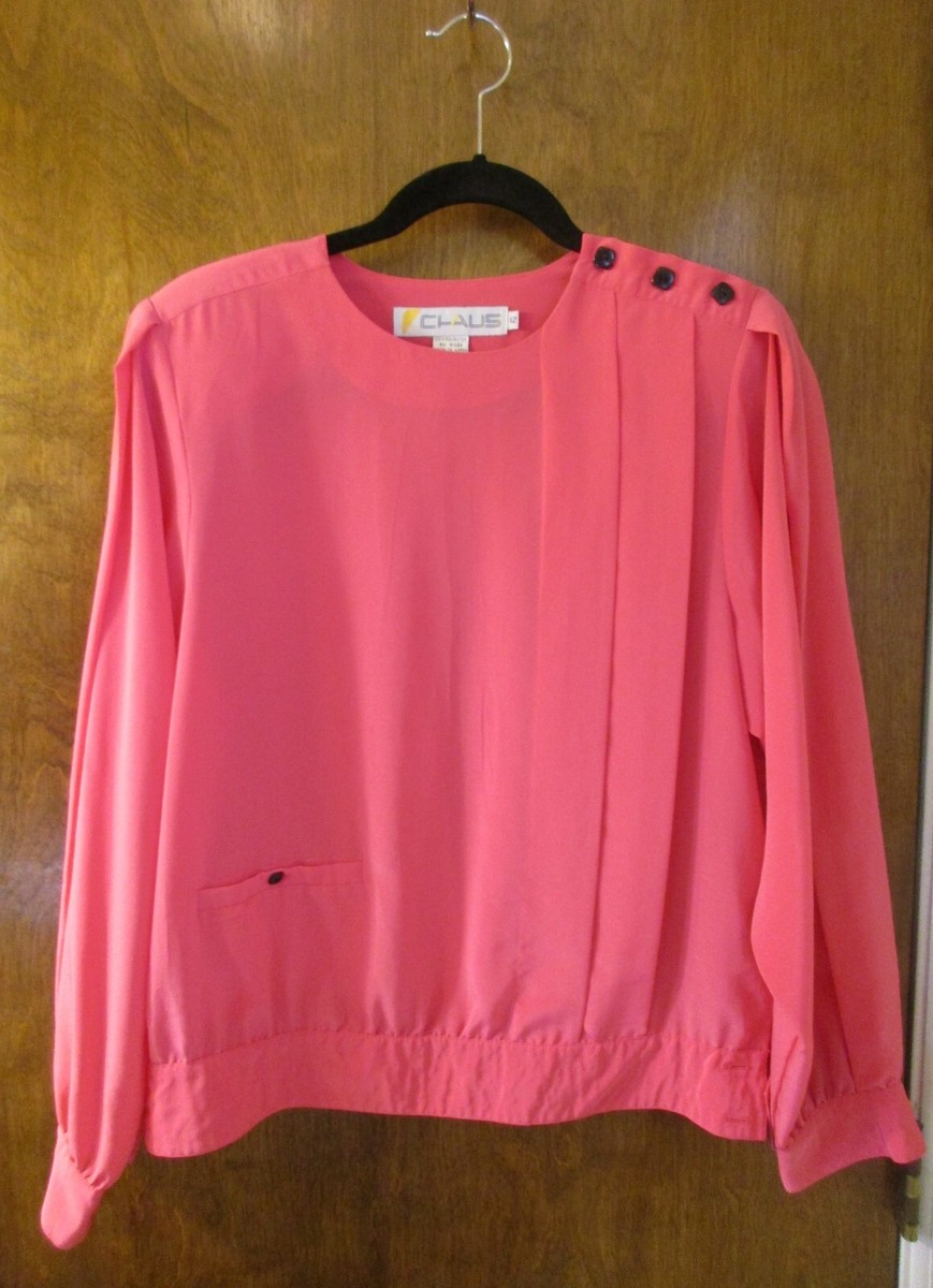 Vintage Chaus Women's Pink Polyester Pleated Blouse/Top w/ Black Buttons  Sz 12
