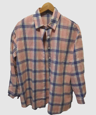 Women Long Sleeve Blouse with Buttons up Pink Blue Square Pattern Medium